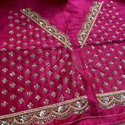 Heavy Zardozi Hand Embroidery On Neck & Buti Work All Over On Hot Pink Unstitched Silk Blouse Piece