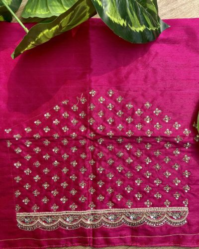 Heavy Zardozi Hand Embroidery On Neck & Buti Work All Over On Hot Pink Unstitched Silk Blouse Piece