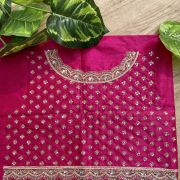 Heavy Zardozi Hand Embroidery On Neck & Buti Work All Over On Hot Pink Unstitched Silk Blouse Piece