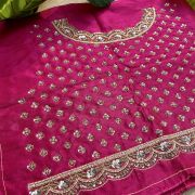 Heavy Zardozi Hand Embroidery On Neck & Buti Work All Over On Hot Pink Unstitched Silk Blouse Piece