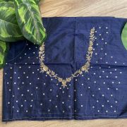 Heavy Zardozi Hand Embroidery On Neck & Buti Work All Over On Navy Blue Unstitched Silk Blouse Piece