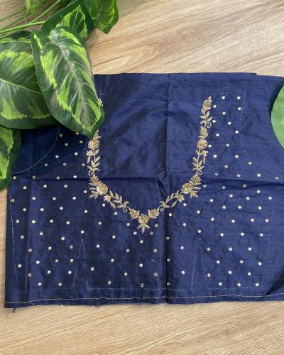 Heavy Zardozi Hand Embroidery On Neck & Buti Work All Over On Navy Blue Unstitched Silk Blouse Piece