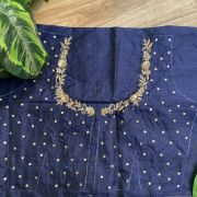 Heavy Zardozi Hand Embroidery On Neck & Buti Work All Over On Navy Blue Unstitched Silk Blouse Piece