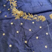 Heavy Zardozi Hand Embroidery On Neck & Buti Work All Over On Navy Blue Unstitched Silk Blouse Piece