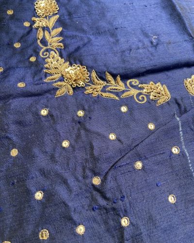 Heavy Zardozi Hand Embroidery On Neck & Buti Work All Over On Navy Blue Unstitched Silk Blouse Piece