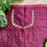 Heavy Zardozi Hand Embroidery On Neck & Buti Work All Over On Wine Unstitched Silk Blouse Piece