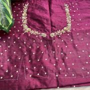 Heavy Zardozi Hand Embroidery On Neck & Buti Work All Over On Wine Unstitched Silk Blouse Piece