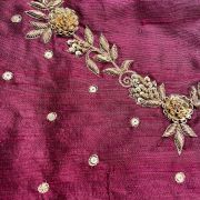 Heavy Zardozi Hand Embroidery On Neck & Buti Work All Over On Wine Unstitched Silk Blouse Piece