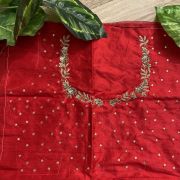 Heavy Zardozi Hand Embroidery On Neck & Buti Work All Over On Red Unstitched Silk Blouse Piece