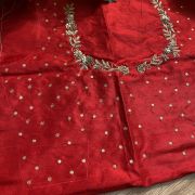 Heavy Zardozi Hand Embroidery On Neck & Buti Work All Over On Red Unstitched Silk Blouse Piece