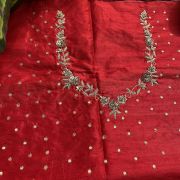 Heavy Zardozi Hand Embroidery On Neck & Buti Work All Over On Red Unstitched Silk Blouse Piece