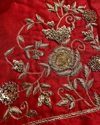 Heavy Zardozi Hand Embroidery On Neck & Buti Work All Over On Red Unstitched Silk Blouse Piece