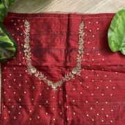 Heavy Zardozi Hand Embroidery On Neck & Buti Work All Over On Maroon Unstitched Silk Blouse Piece