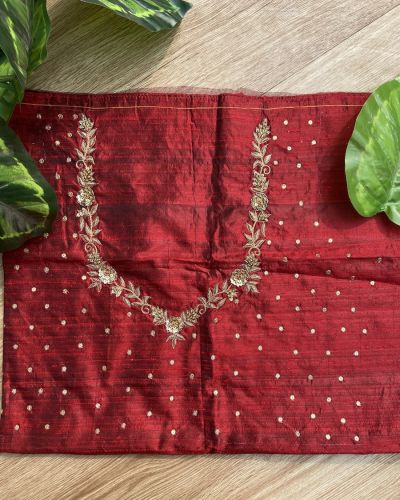 Heavy Zardozi Hand Embroidery On Neck & Buti Work All Over On Maroon Unstitched Silk Blouse Piece