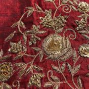 Heavy Zardozi Hand Embroidery On Neck & Buti Work All Over On Maroon Unstitched Silk Blouse Piece