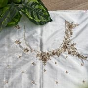 Heavy Zardozi Hand Embroidery On Neck & Buti Work All Over On White Unstitched Silk Blouse Piece