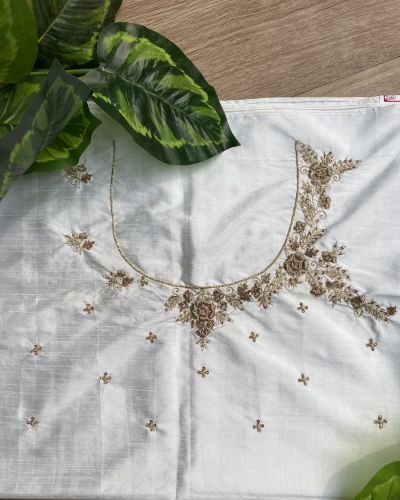 Heavy Zardozi Hand Embroidery On Neck & Buti Work All Over On White Unstitched Silk Blouse Piece