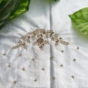 Heavy Zardozi Hand Embroidery On Neck & Buti Work All Over On White Unstitched Silk Blouse Piece