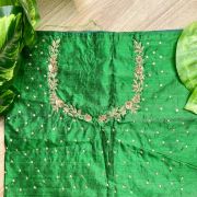 Heavy Zardozi Hand Embroidery On Neck & Buti Work All Over On Green Unstitched Silk Blouse Piece