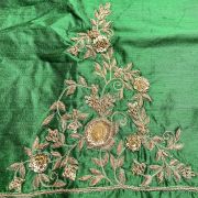 Heavy Zardozi Hand Embroidery On Neck & Buti Work All Over On Green Unstitched Silk Blouse Piece