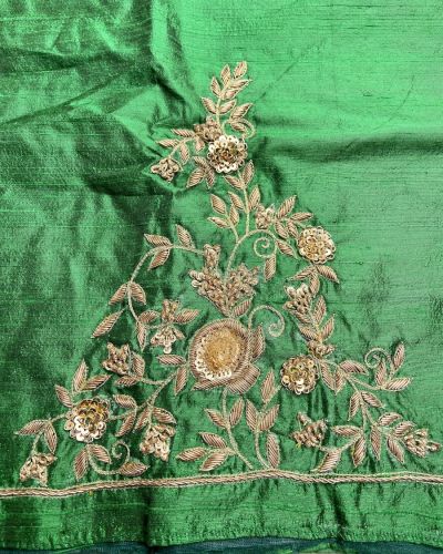 Heavy Zardozi Hand Embroidery On Neck & Buti Work All Over On Green Unstitched Silk Blouse Piece