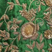 Heavy Zardozi Hand Embroidery On Neck & Buti Work All Over On Green Unstitched Silk Blouse Piece