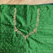 Heavy Zardozi Hand Embroidery On Neck & Buti Work All Over On Green Unstitched Silk Blouse Piece