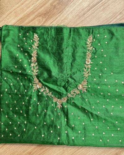 Heavy Zardozi Hand Embroidery On Neck & Buti Work All Over On Green Unstitched Silk Blouse Piece