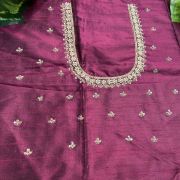 Heavy Zardozi Hand Embroidery On Neck & Buti Work All Over On Wine Unstitched Silk Blouse Piece