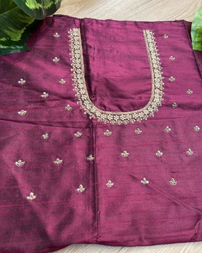 Heavy Zardozi Hand Embroidery On Neck & Buti Work All Over On Wine Unstitched Silk Blouse Piece