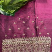 Heavy Zardozi Hand Embroidery On Neck & Buti Work All Over On Wine Unstitched Silk Blouse Piece