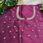 Heavy Zardozi Hand Embroidery On Neck & Buti Work All Over On Wine Unstitched Silk Blouse Piece