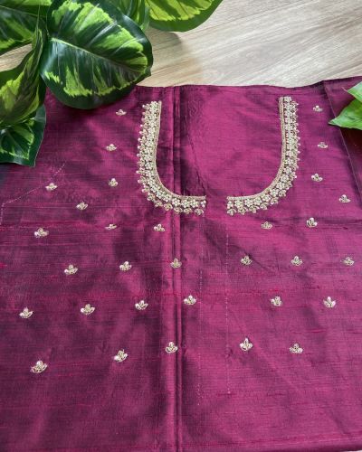 Heavy Zardozi Hand Embroidery On Neck & Buti Work All Over On Wine Unstitched Silk Blouse Piece