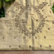 Heavy Zardozi Hand Embroidery On Neck & Buti Work All Over On Gold Unstitched Silk Blouse Piece