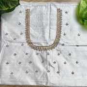 Heavy Zardozi Hand Embroidery On Neck & Buti Work All Over On White Unstitched Silk Blouse Piece