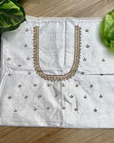 Heavy Zardozi Hand Embroidery On Neck & Buti Work All Over On White Unstitched Silk Blouse Piece
