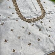 Heavy Zardozi Hand Embroidery On Neck & Buti Work All Over On White Unstitched Silk Blouse Piece