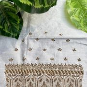 Heavy Zardozi Hand Embroidery On Neck & Buti Work All Over On White Unstitched Silk Blouse Piece