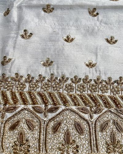 Heavy Zardozi Hand Embroidery On Neck & Buti Work All Over On White Unstitched Silk Blouse Piece