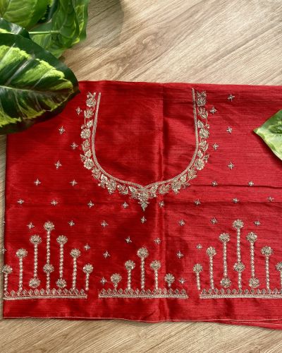 Heavy Zardozi Hand Embroidery On Neck & Buti Work All Over On Red Unstitched Silk Blouse Piece