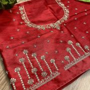 Heavy Zardozi Hand Embroidery On Neck & Buti Work All Over On Red Unstitched Silk Blouse Piece