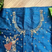 Heavy Zardozi With Bird & Floral Motif Embroidery On Peacock Blue Silk Unstitched Blouse Piece