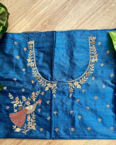 Heavy Zardozi With Bird & Floral Motif Embroidery On Peacock Blue Silk Unstitched Blouse Piece