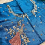 Heavy Zardozi With Bird & Floral Motif Embroidery On Peacock Blue Silk Unstitched Blouse Piece