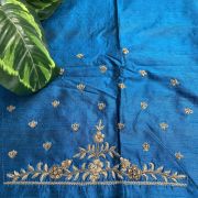 Heavy Zardozi With Bird & Floral Motif Embroidery On Peacock Blue Silk Unstitched Blouse Piece