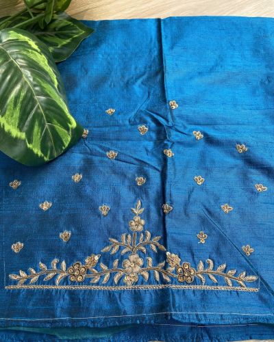 Heavy Zardozi With Bird & Floral Motif Embroidery On Peacock Blue Silk Unstitched Blouse Piece