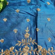 Heavy Zardozi With Bird & Floral Motif Embroidery On Peacock Blue Silk Unstitched Blouse Piece