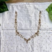 Heavy Zardozi Hand Embroidery On Neck & Buti Work All Over On White Unstitched Silk Blouse Piece