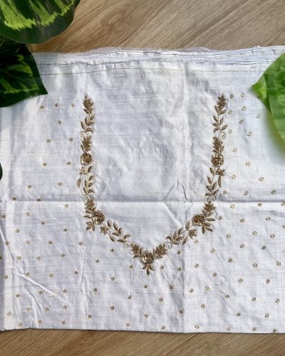 Heavy Zardozi Hand Embroidery On Neck & Buti Work All Over On White Unstitched Silk Blouse Piece