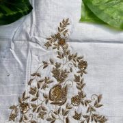 Heavy Zardozi Hand Embroidery On Neck & Buti Work All Over On White Unstitched Silk Blouse Piece